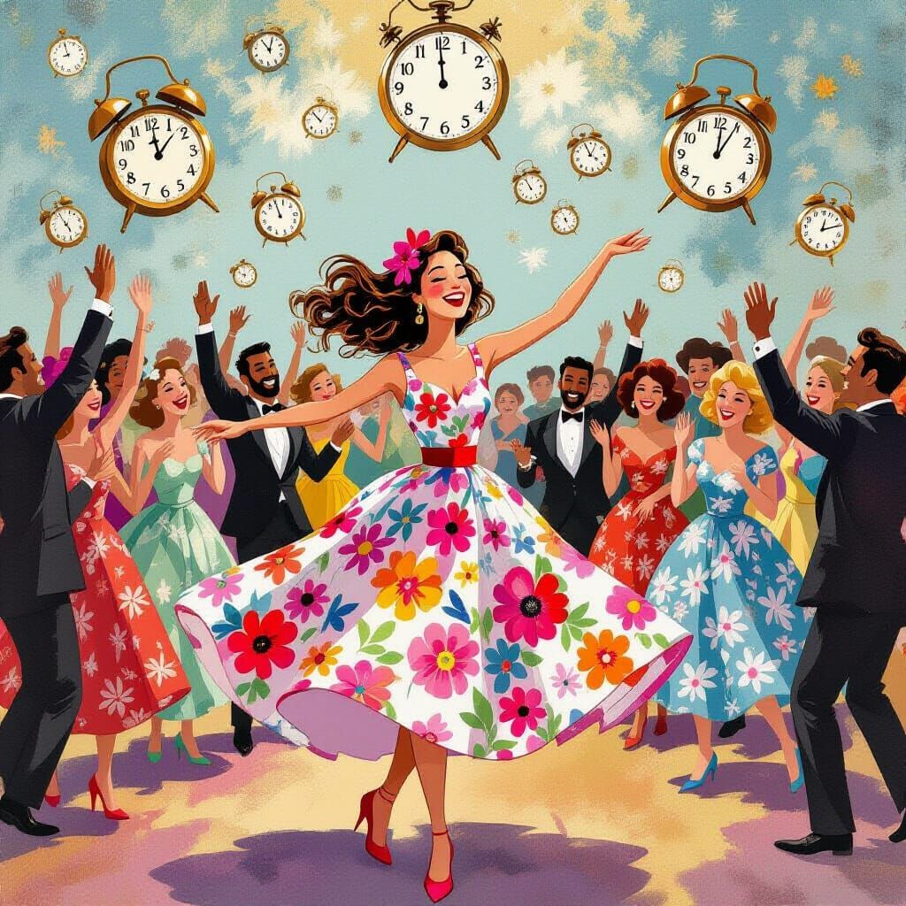Whimsical Dancing Party as Clocks Spin Backwards