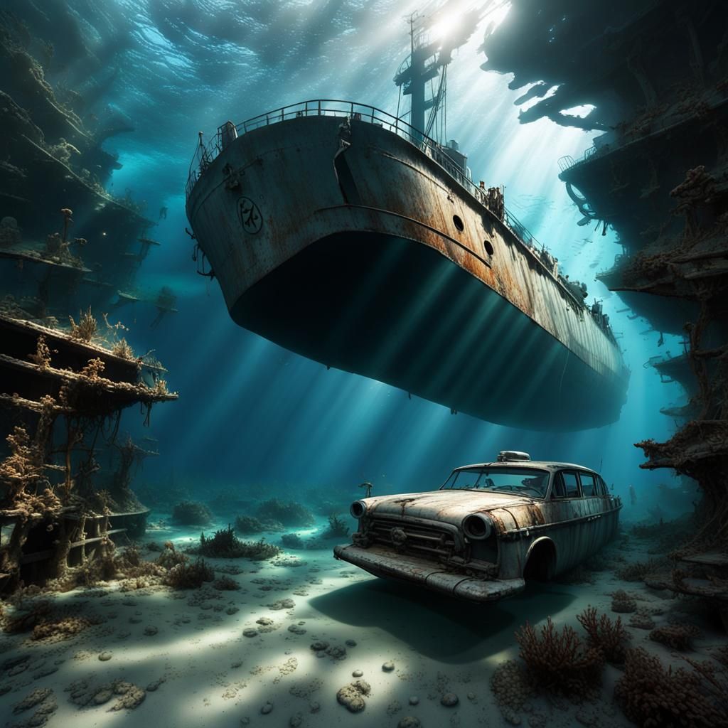 Sunken Cargo Ship Graveyard in Clear Ocean