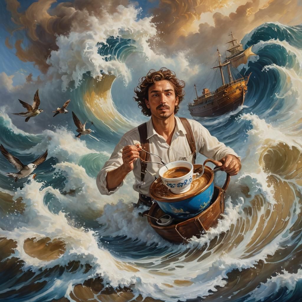 Coffee Courier Navigates Coffee Wave in Oil Painting