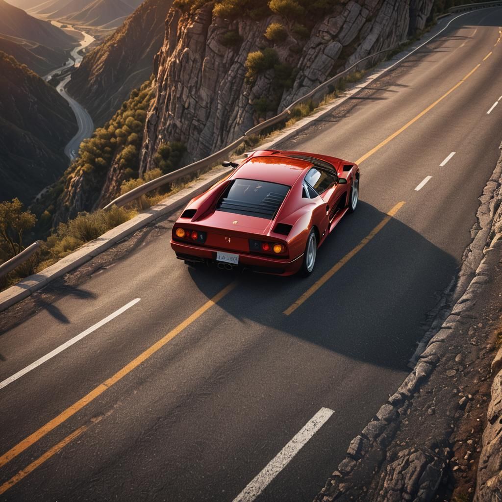 Red Ferrari Testarossa on Mountain Road: Digital Art