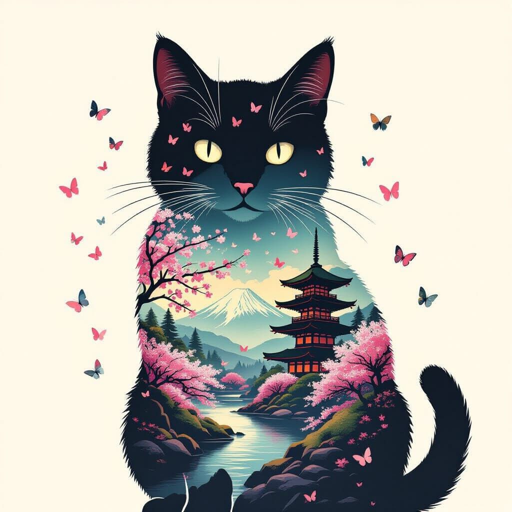 Cat Silhouette Double Exposure with Japanese Landscape