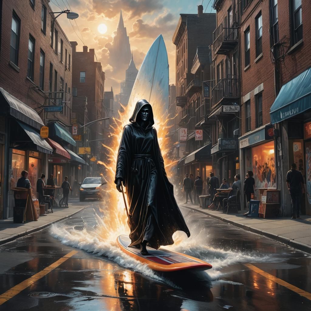 Woman, Grim Reaper, and Surfboard in Street Art