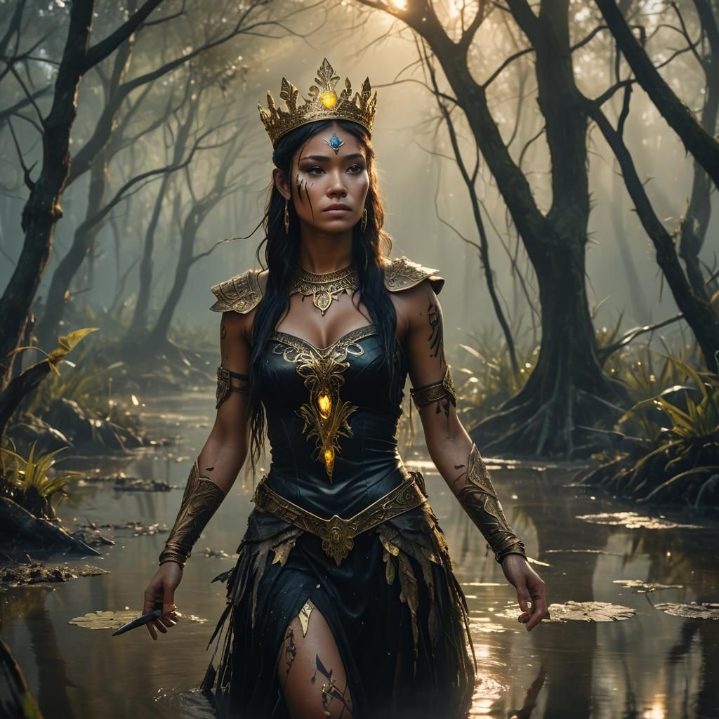 Native Warrior Princess in Magical Swamp Forest