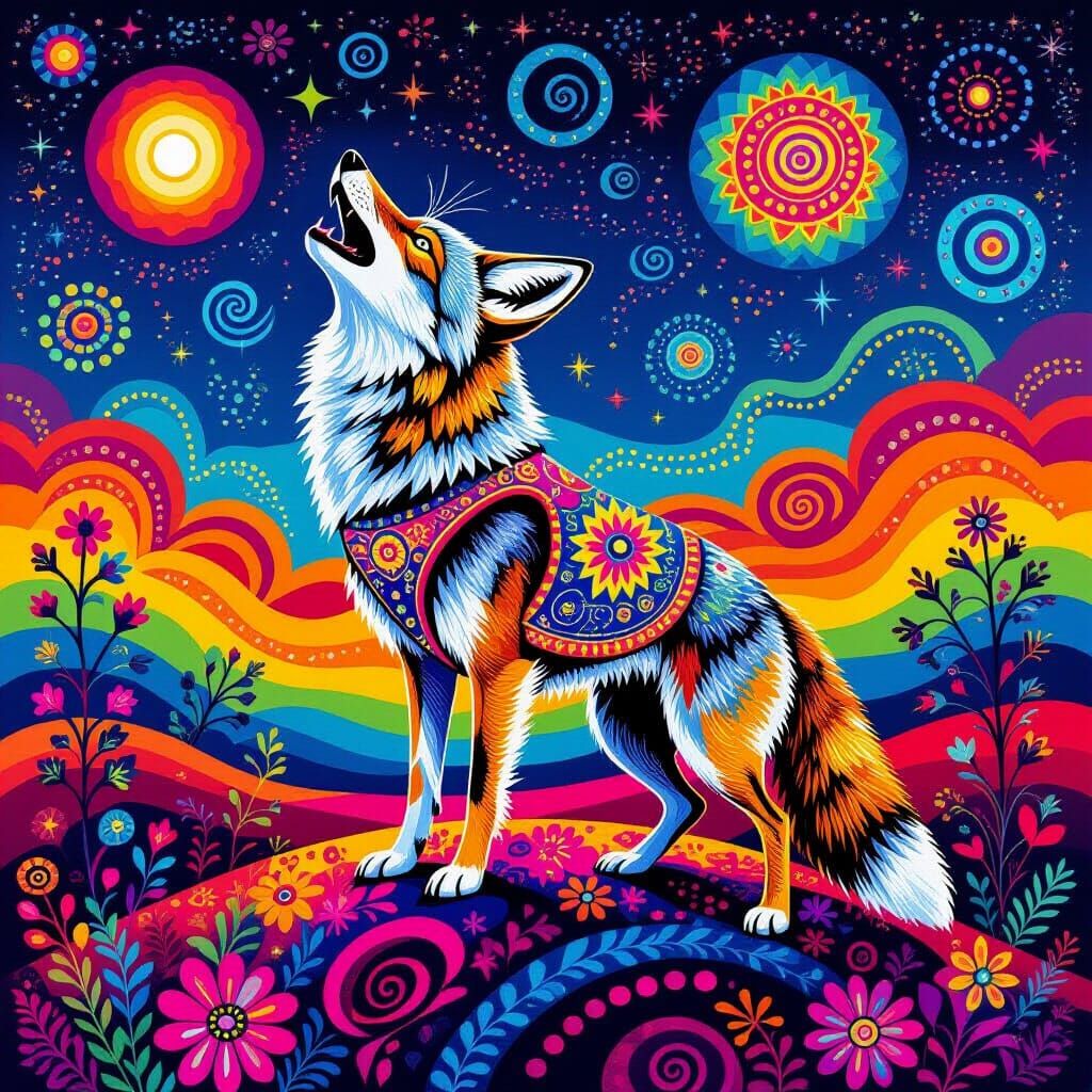 Coyote Howling in Surreal Aboriginal Dot Art Style