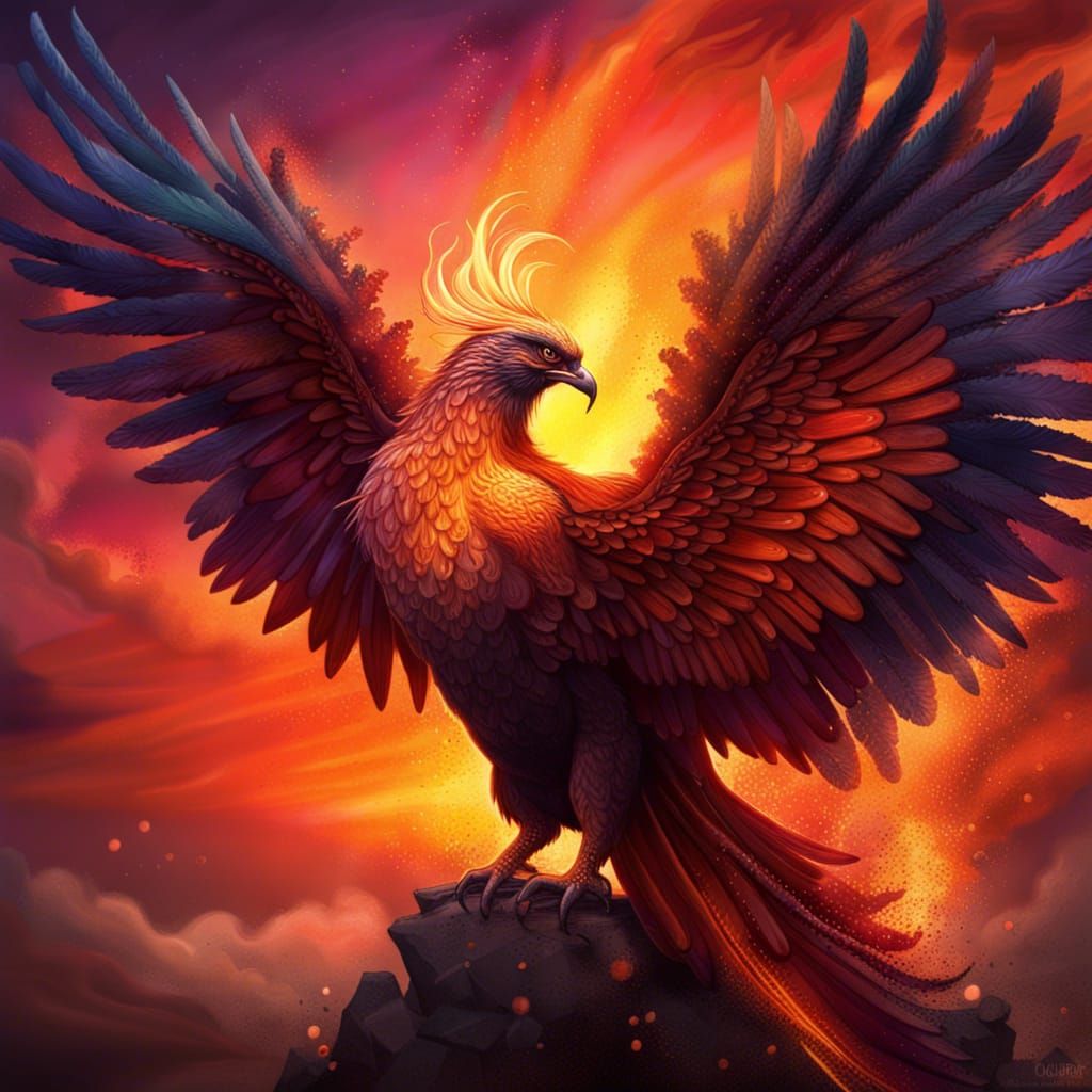 Majestic Phoenix Rising from Ashes in Twilight