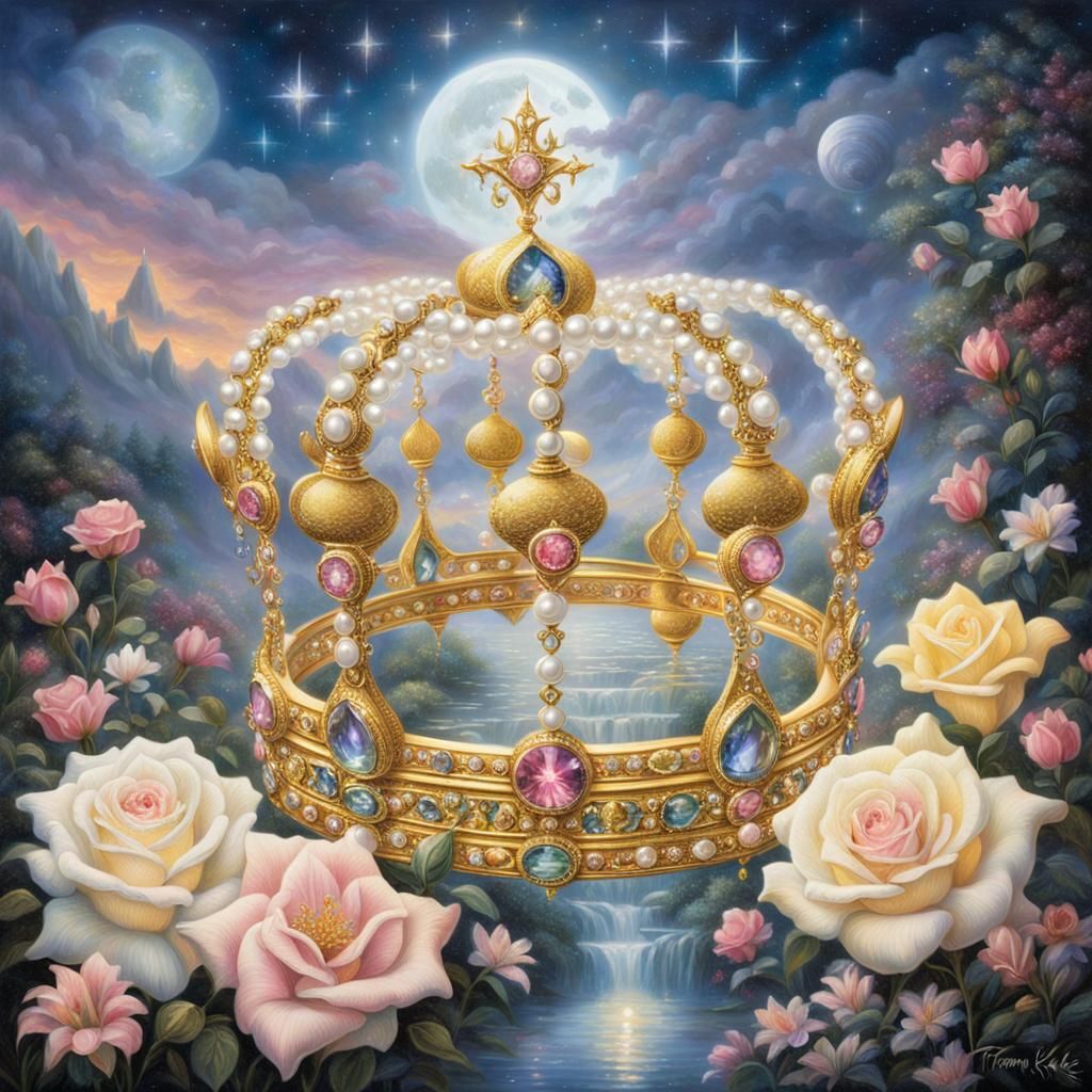 Royal Gold Crown with Jewels, Roses, and Lilies