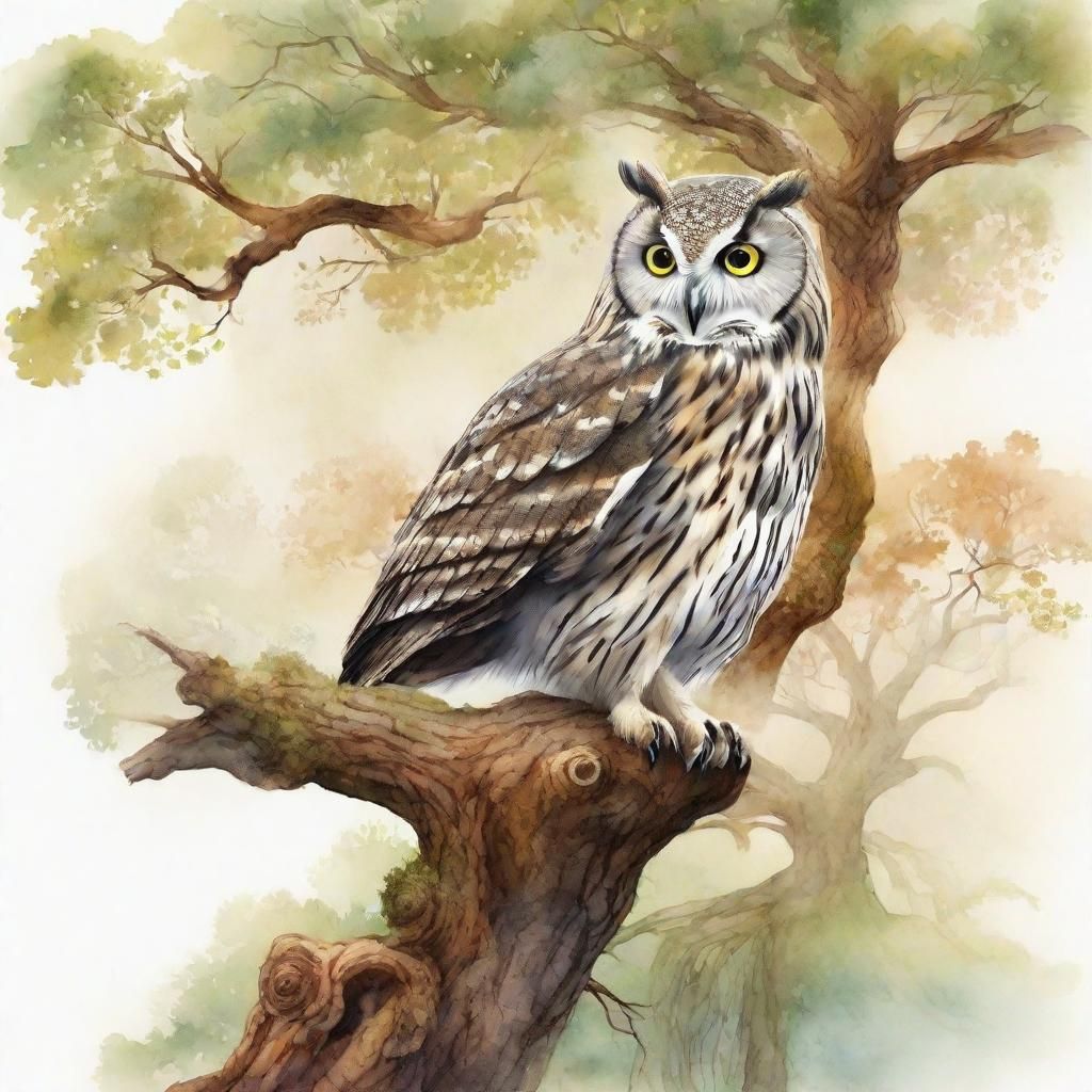 Realistic Owl in Fantasy Tree: Watercolor Style