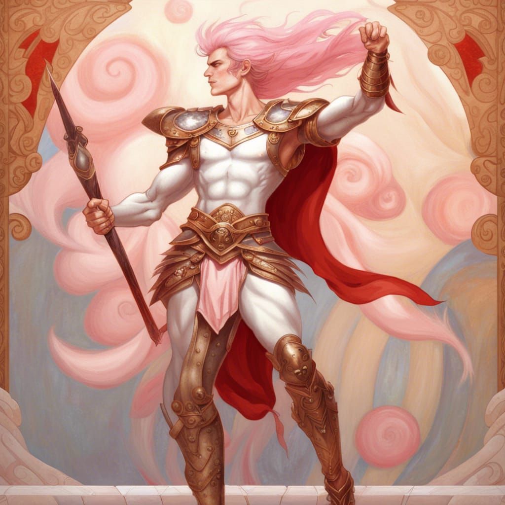 Elf Warrior with Cotton Candy Hair in Klimt Style