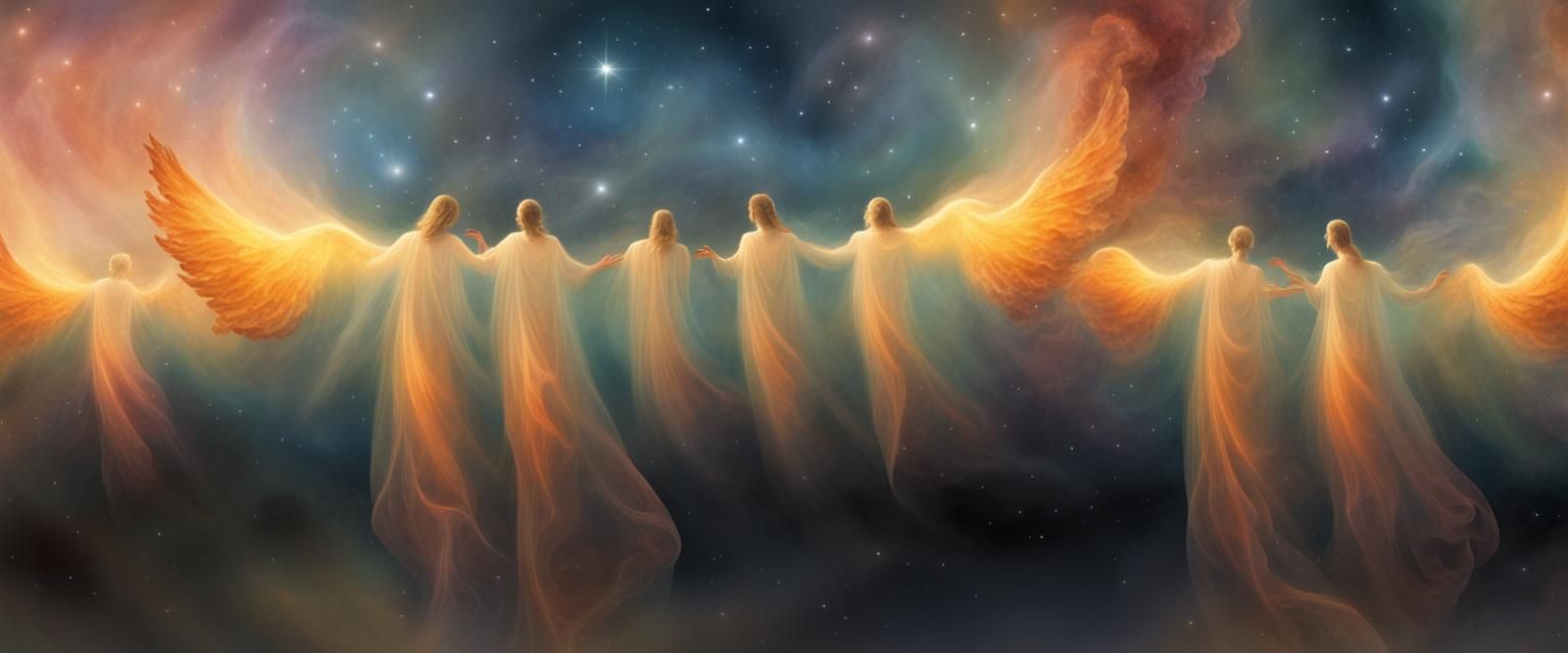 Angelic Figures in Misty Cosmic Nebula