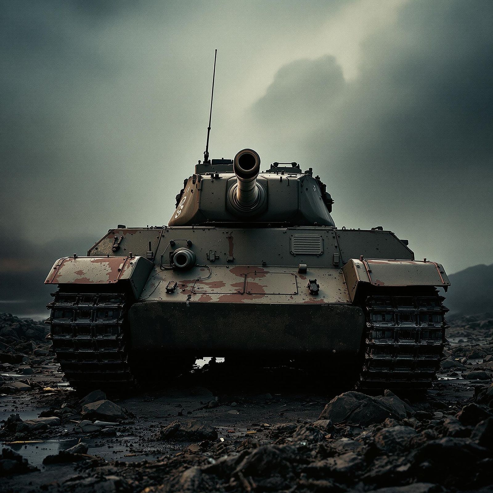 Weathered T-34 Tank in War-Torn Landscape