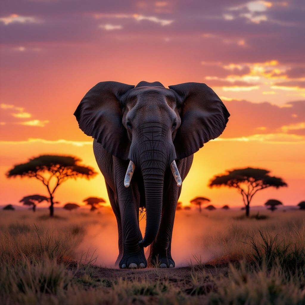 Majestic Elephant in African Savanna at Golden Hour