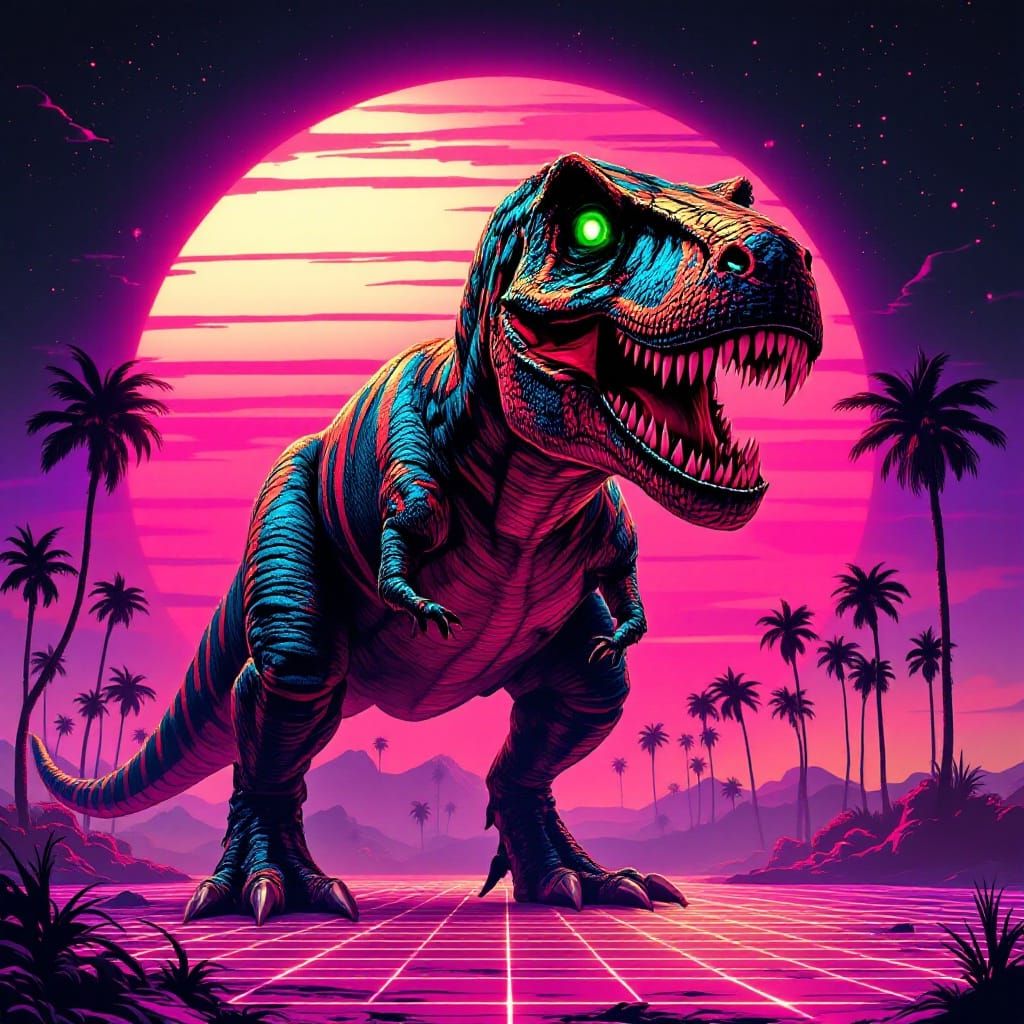 Hyperrealistic Tyrannosaurus Rex in Neon Synthwave Style