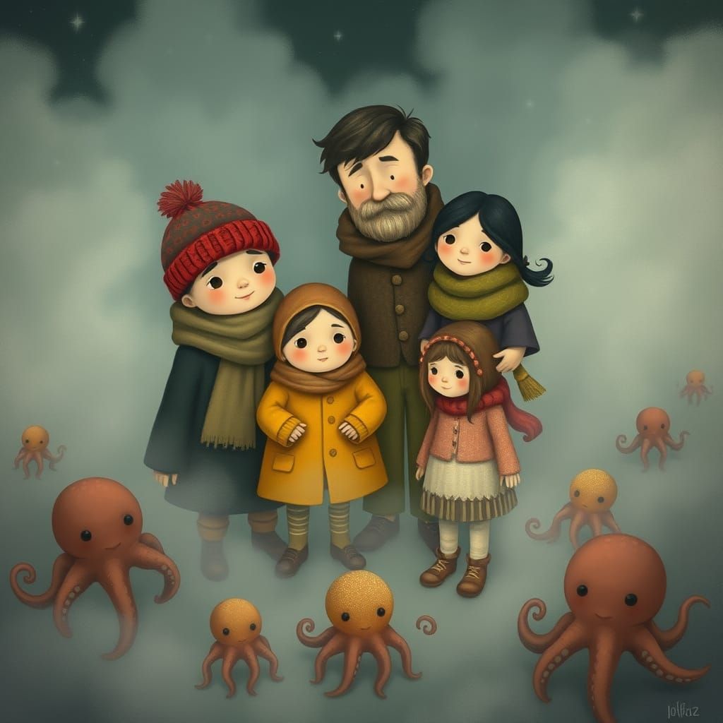 Family Beset by Adorable Octopuses in Dreamlike Scene