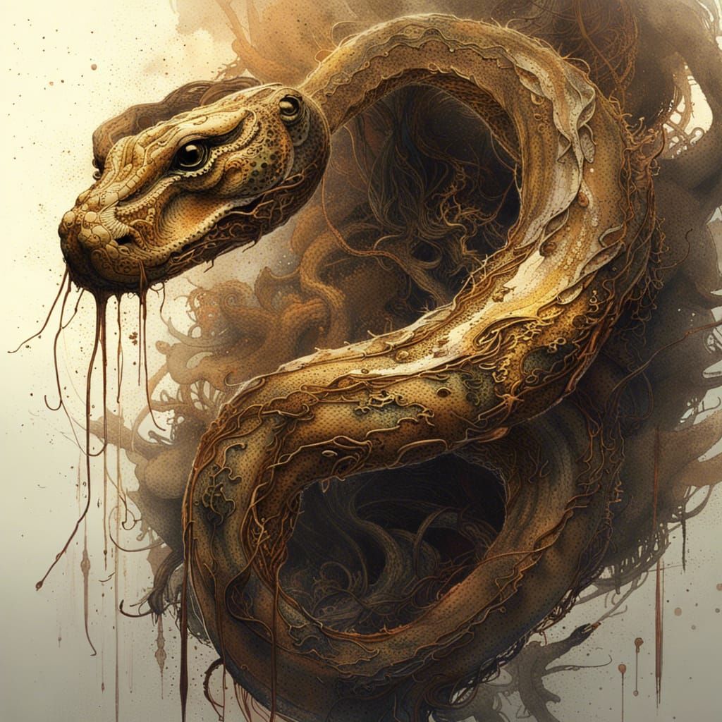 Eldritch Metal Snake Dissolving in Digital Art