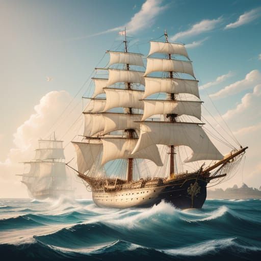 Baroque Galleon Ship Sails Across Ocean in Warm Golden Light