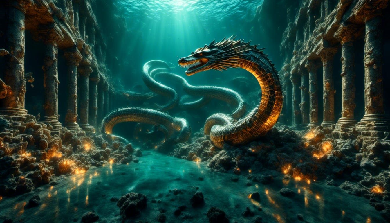 Hyperrealistic Leviathan in Sunken Ruins