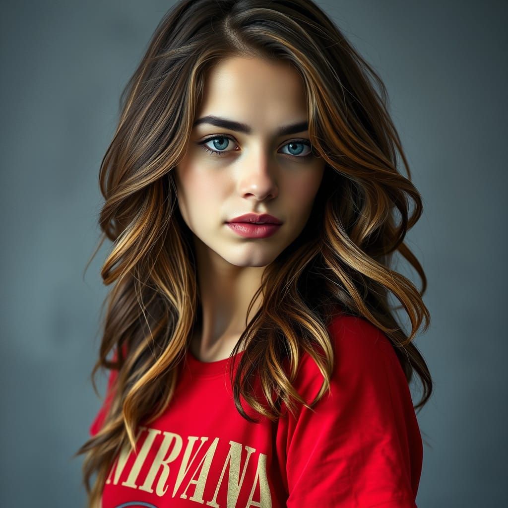 Expressive Portrait of Woman with Nirvana Shirt