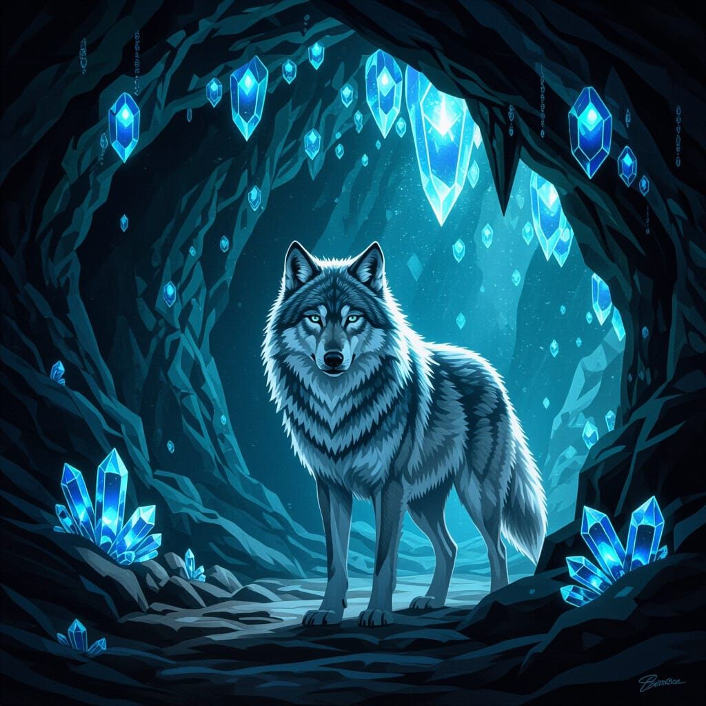 Majestic Wolf Guarding Gemstone Cave in Dark Fantasy Style