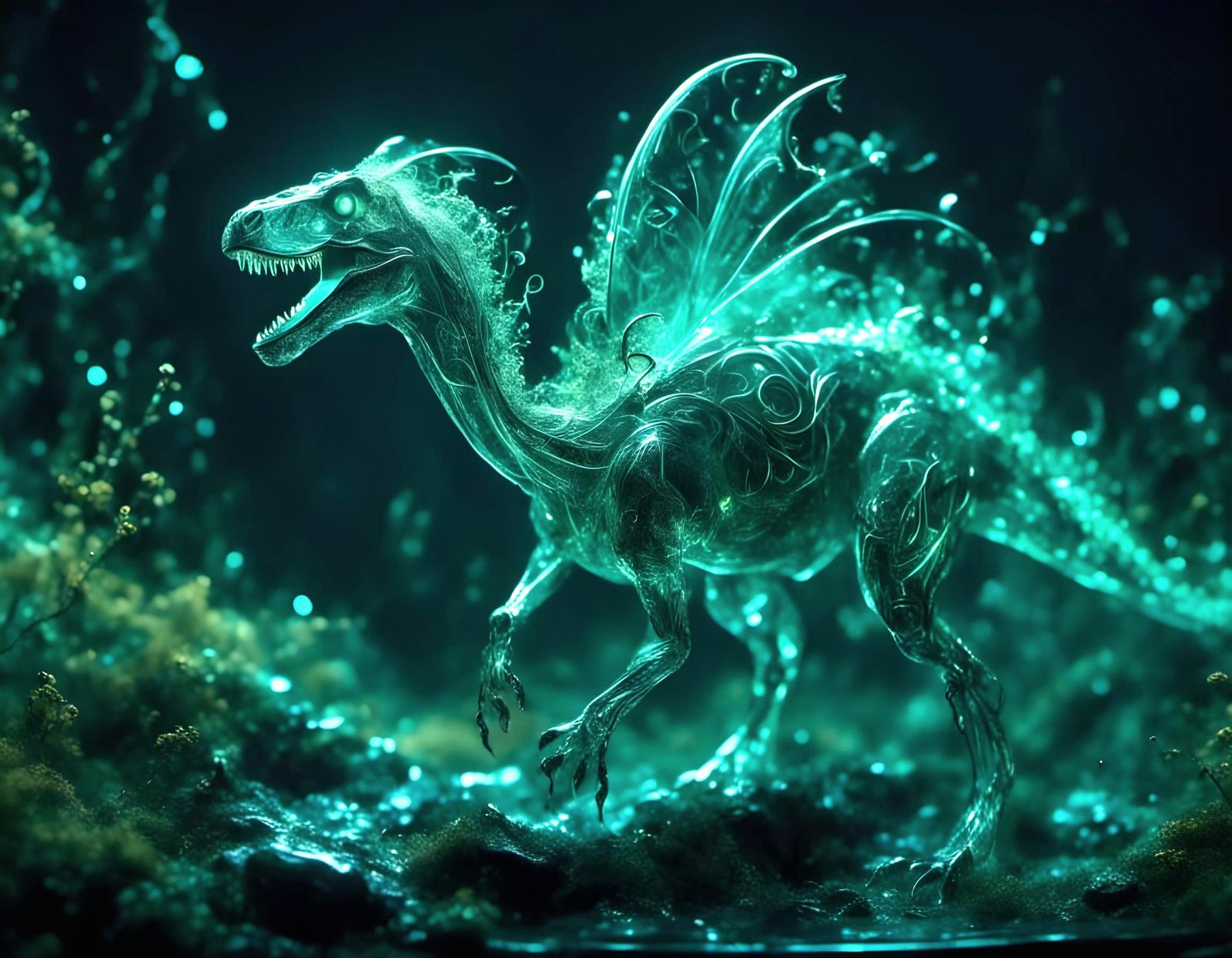 Glossy Dinosaur with Bioluminescent Filigree in Dark Fantasy