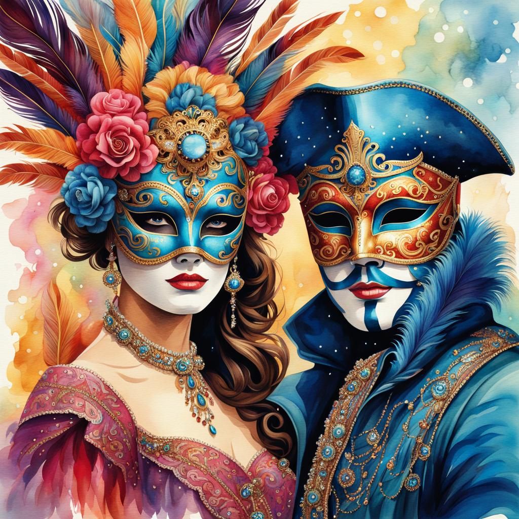 Venice Mask Ball Watercolor Illustration