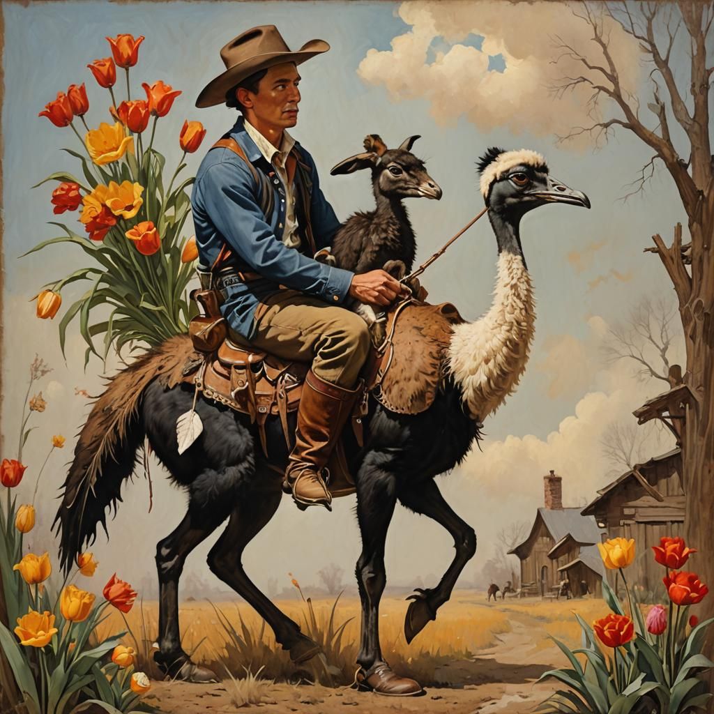 Cowboy Rides Ostrich in Rockwell-Style Painting
