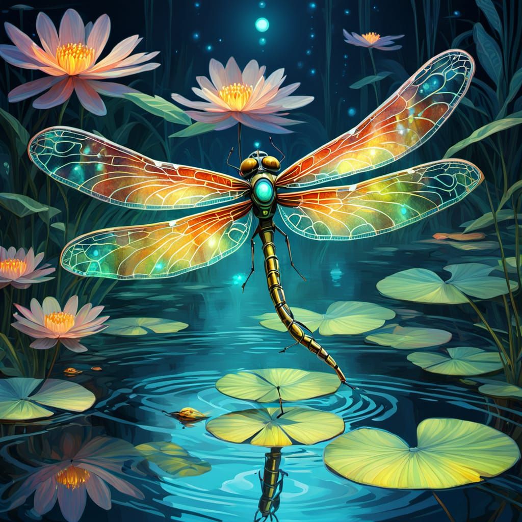 Robotic Dragonfly with Bioluminescent Wings in Art Nouveau S...