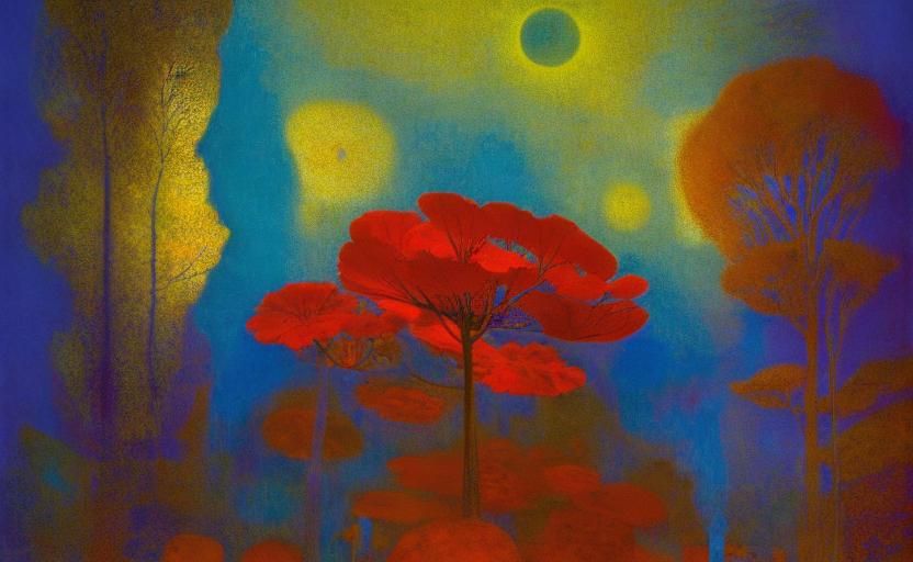 Glowing Midnight Garden with Cryptids, Surreal Art