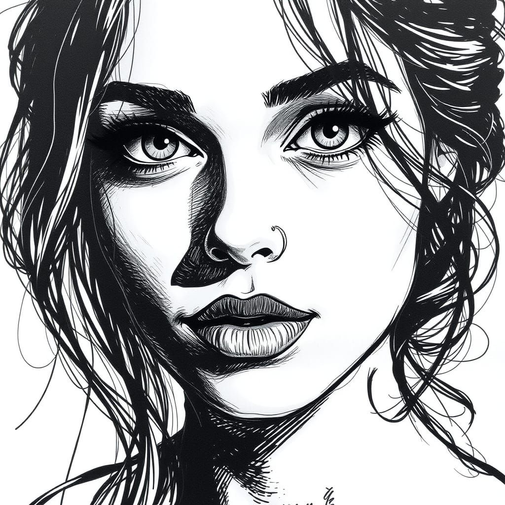 Ink Portrait of a Woman with Flowing Hair