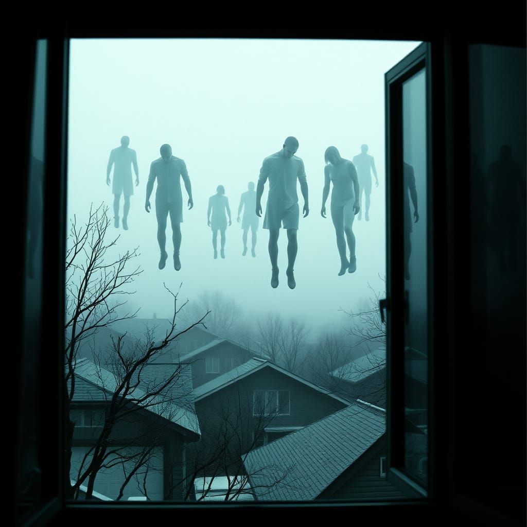 Eerie Silhouettes Float Above Foggy Backyard in Cinematic St...
