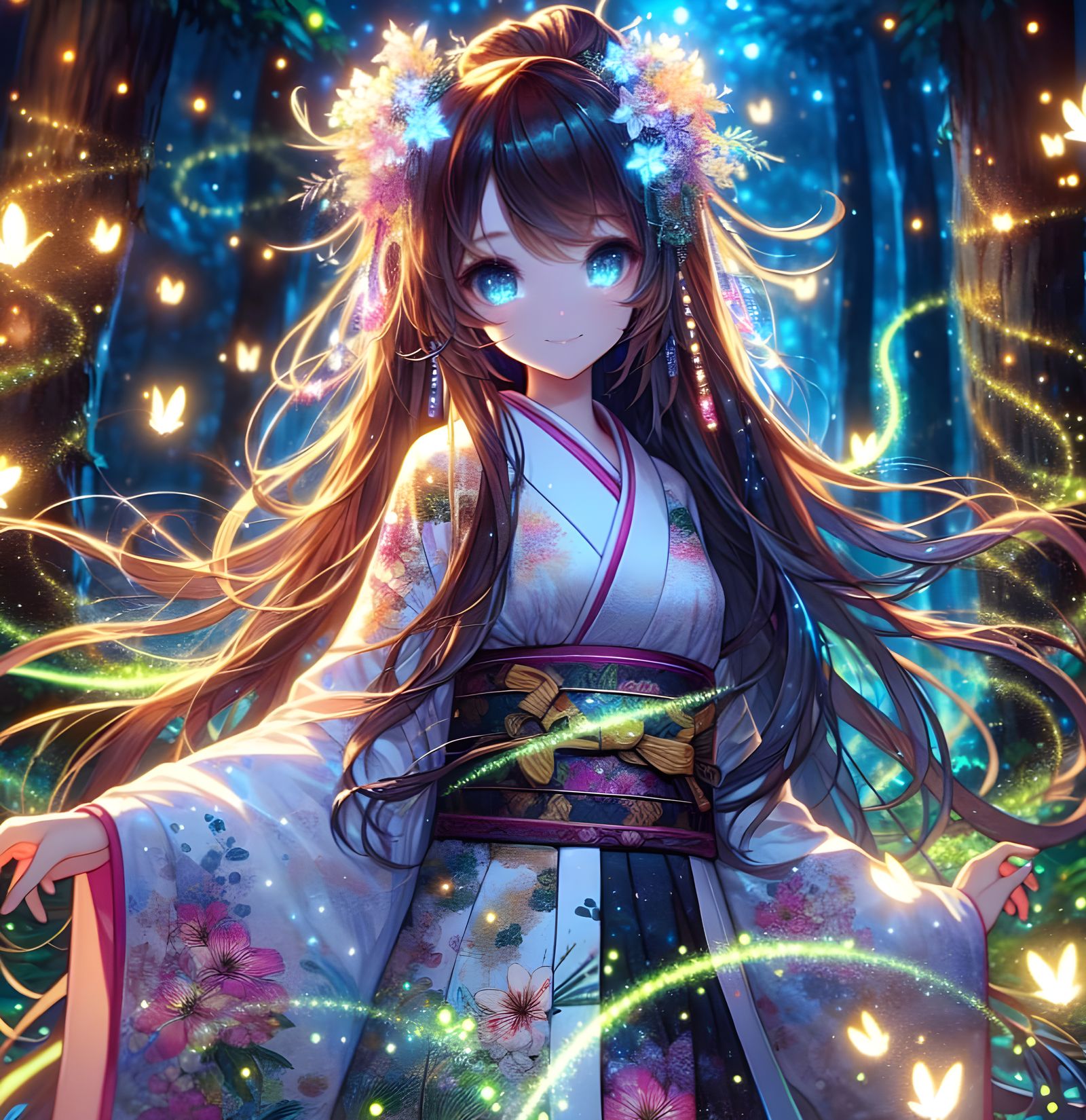 Bioluminescent Anime Girl in Magical Forest