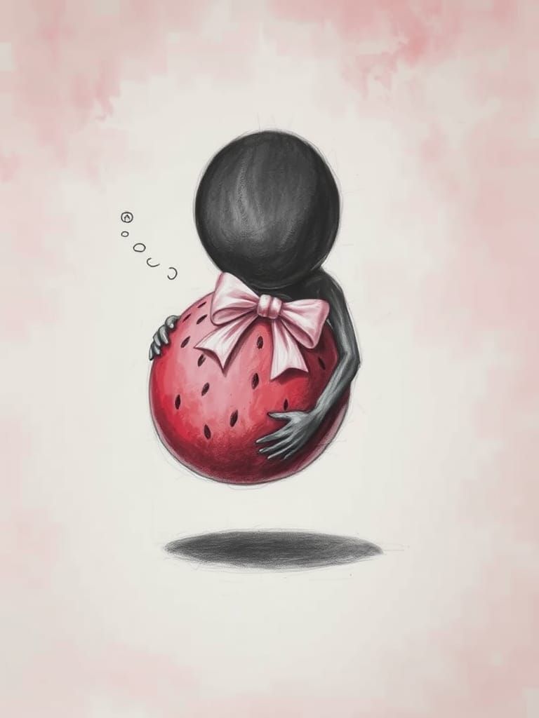 Smoky Shadow Hugs Watermelon in Pink Charcoal Drawing