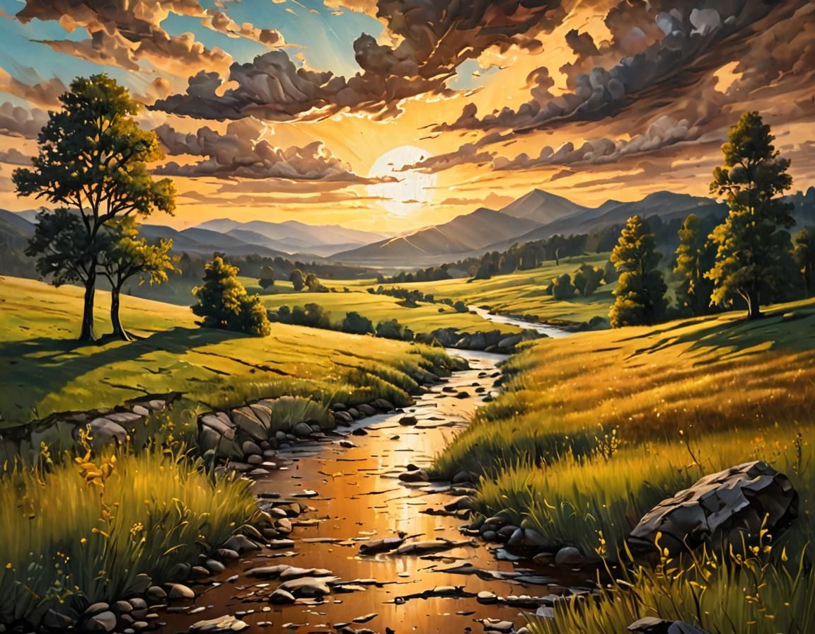 Sunlit Landscape Painting with River and Meadows