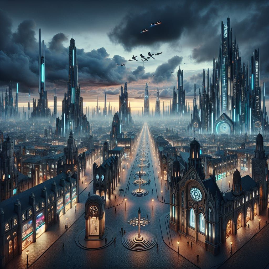 Futuristic Gothic Metropolis at Twilight: A Digital Painting