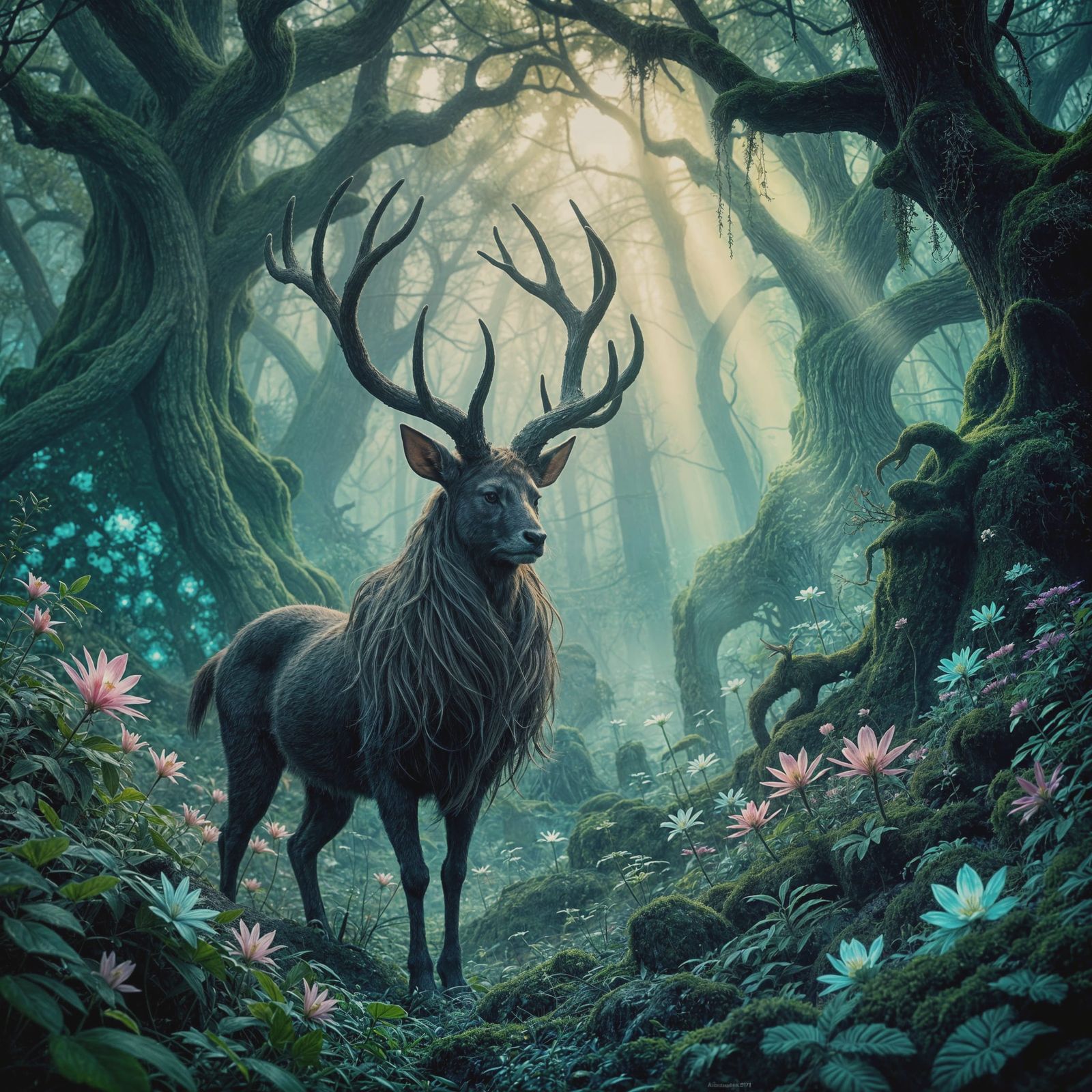 Majestic Faun in Bioluminescent Fantasy Forest