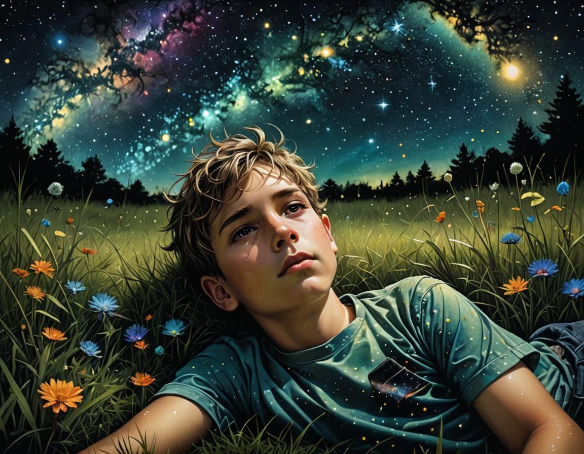 Boy Gazing at Starscapes in Vibrant Colors