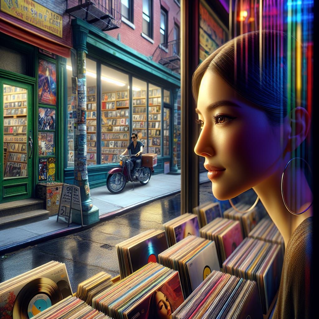 Woman Browsing Records in Hyperrealistic Concept Art