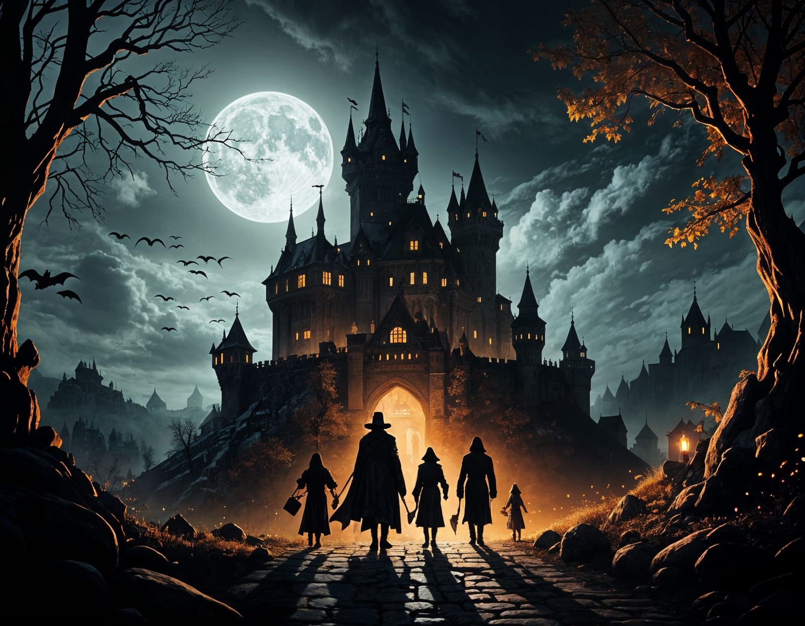 Kids Trick-or-Treating at Dracula's Castle in Eerie Costumes