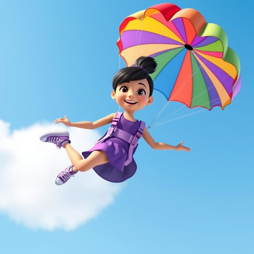 Girl Flying with Parachute in 3D Animated Style