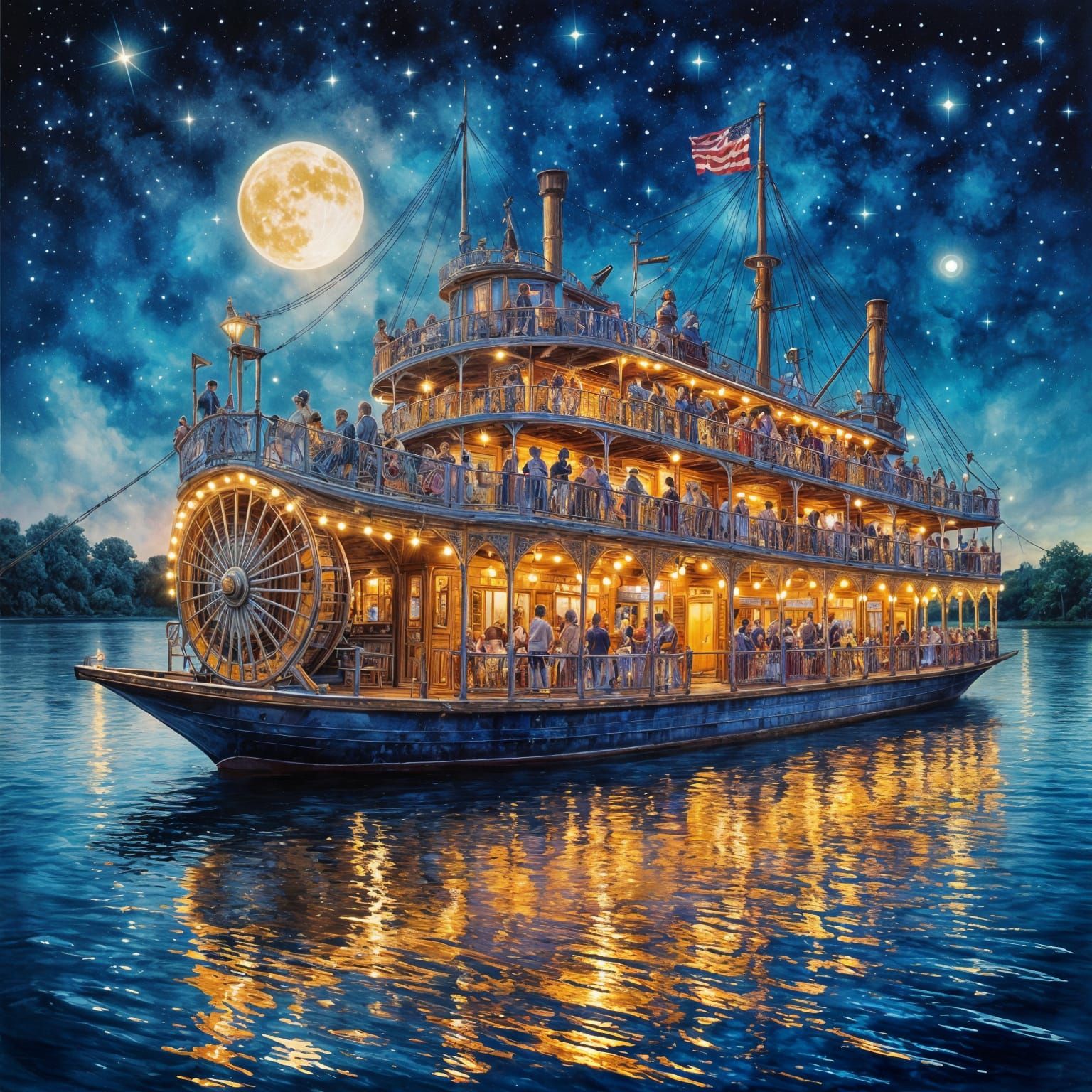 Majestic Riverboat Under Starry Night Sky