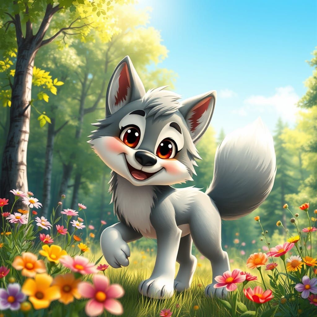 Whimsical Wolf in Lush Forest Landscape