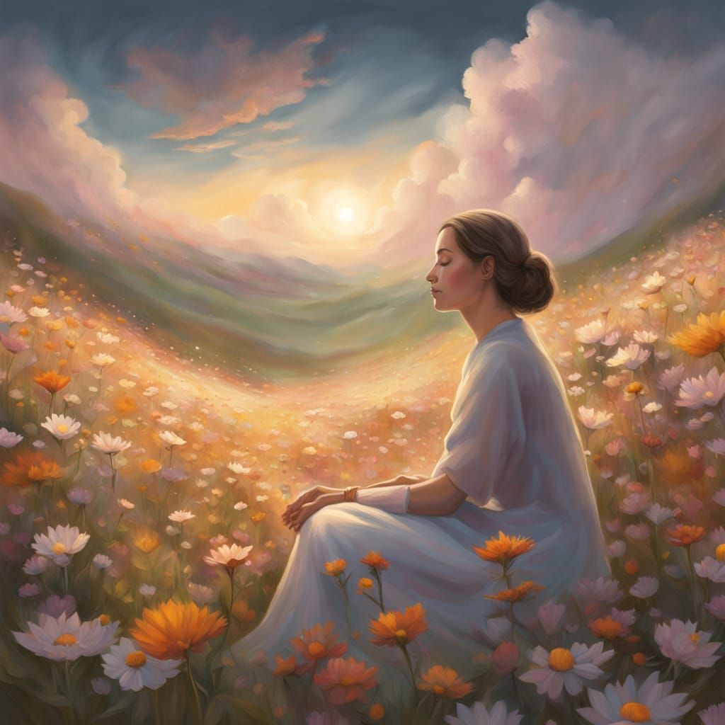 Old Woman in Ethereal Light Amidst Wildflower Field