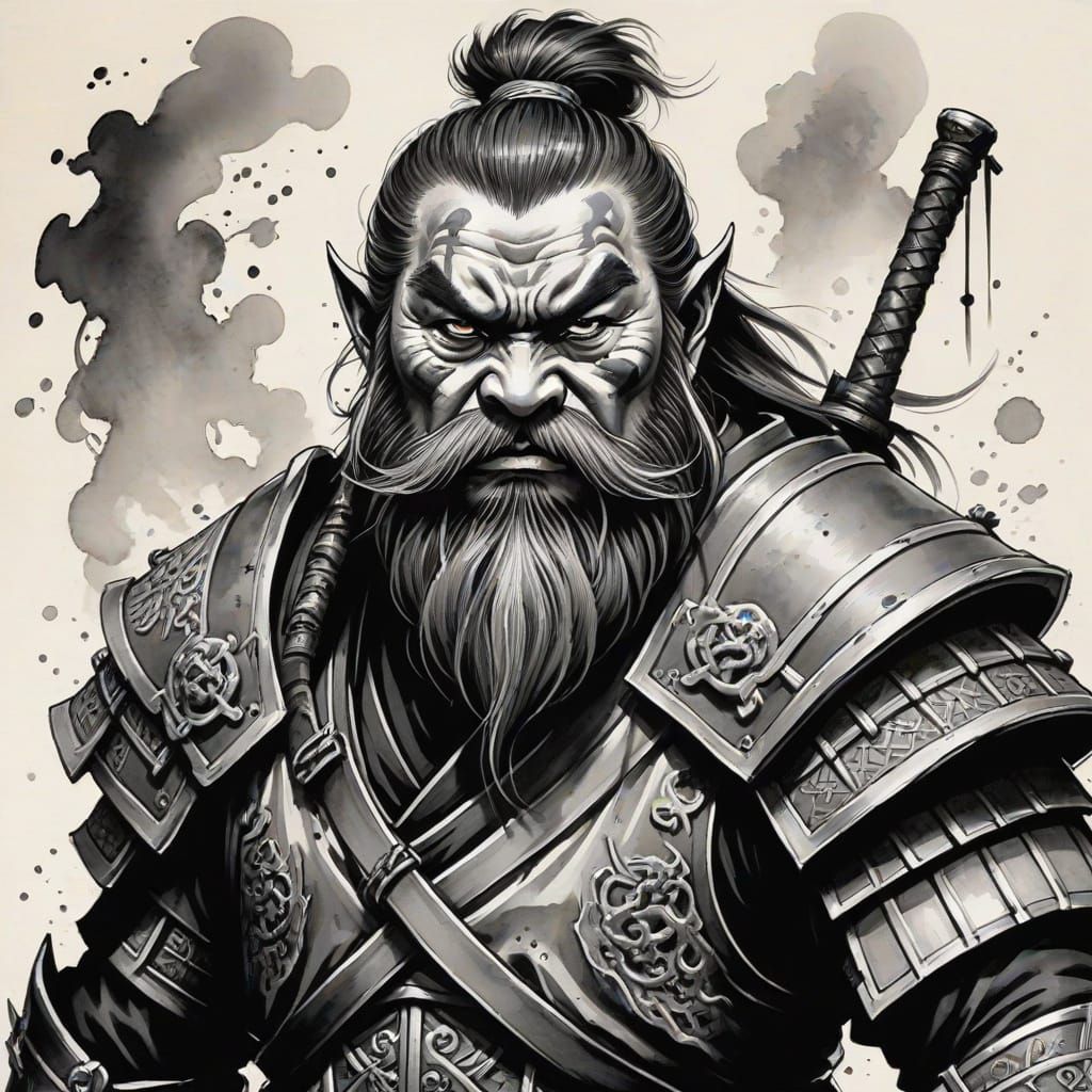 Fierce Dwarf Warrior in Onryo-e Ink Painting Style