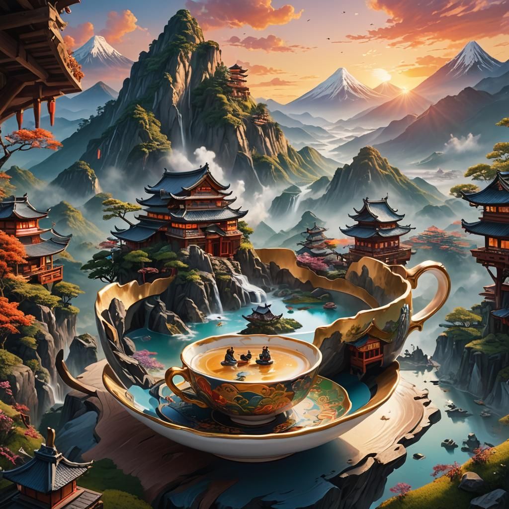 Magical Teacup: Samurai Village Sunrise