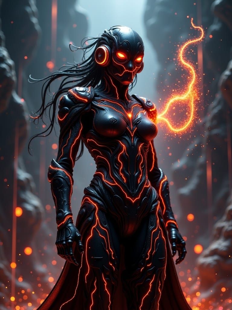 Futuristic Cybernetic Warrior in Mystical Chamber