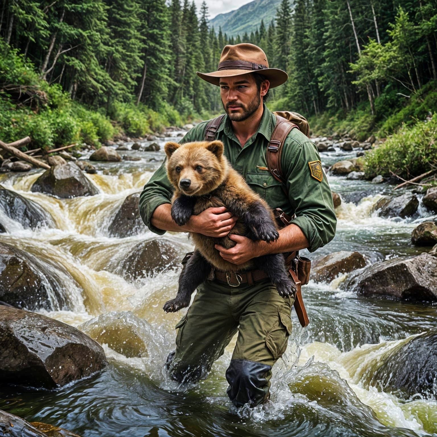 Forest Ranger Carries Baby Bear Through River