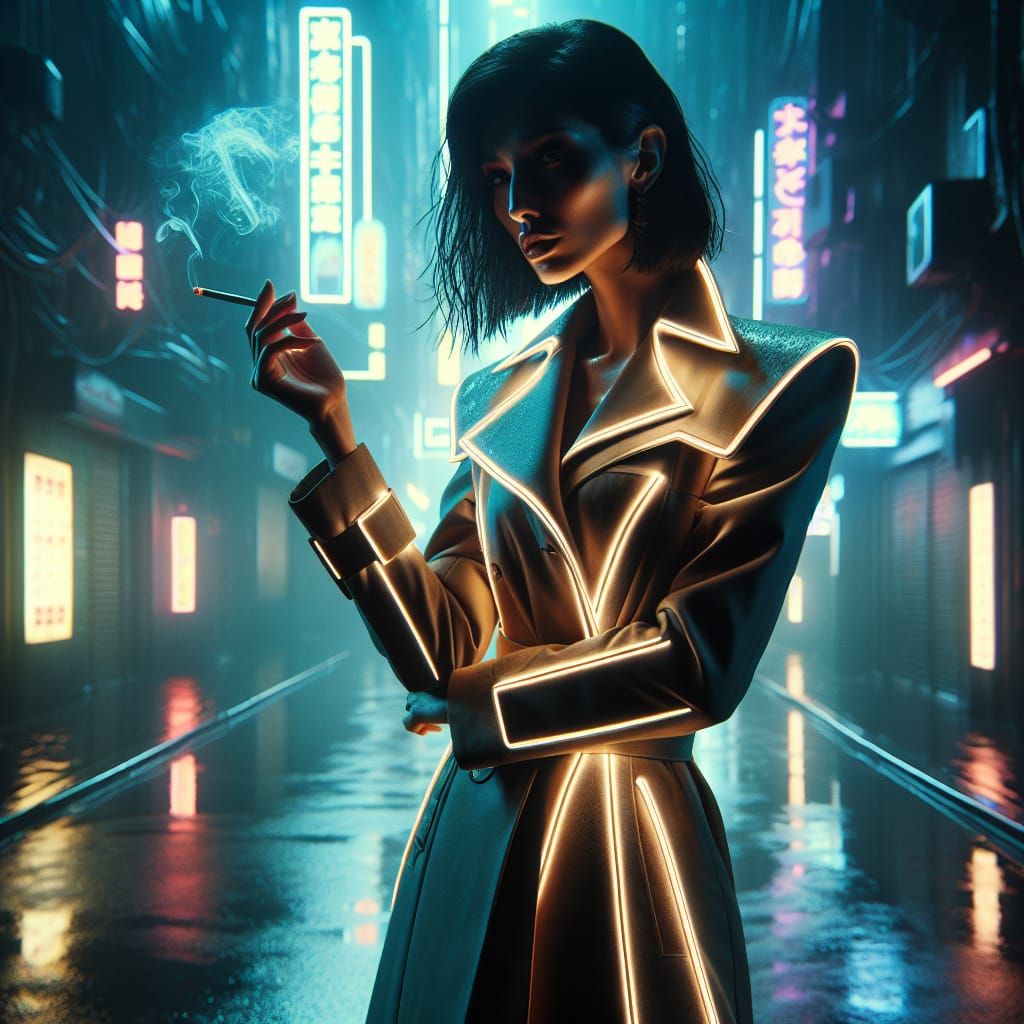 Cyberpunk Woman in Neon Alleyway, Blade Runner Style