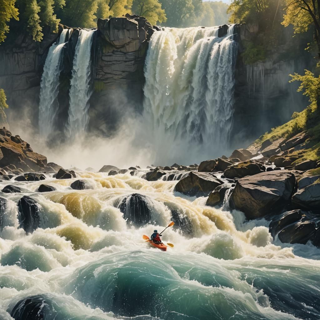 Majestic Watercolor Kayak in a Roaring Waterfall