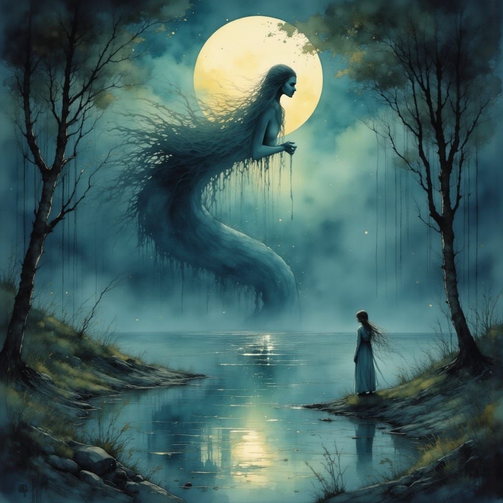 Mythical Kelpie Emerges from Loch in Painterly Style