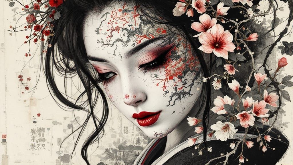 Geisha and Dragon Collage in Mixed Media