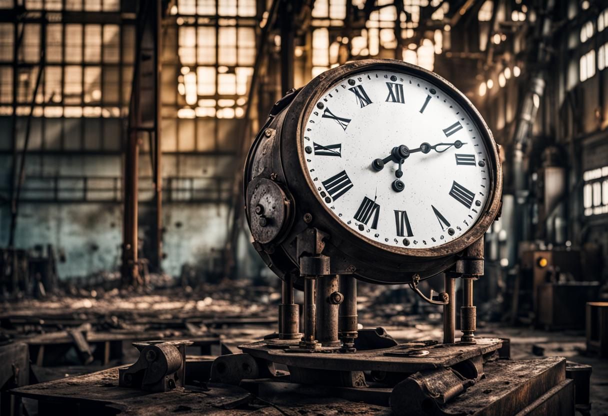 Abandoned Factory Clock in Hyperrealistic Style